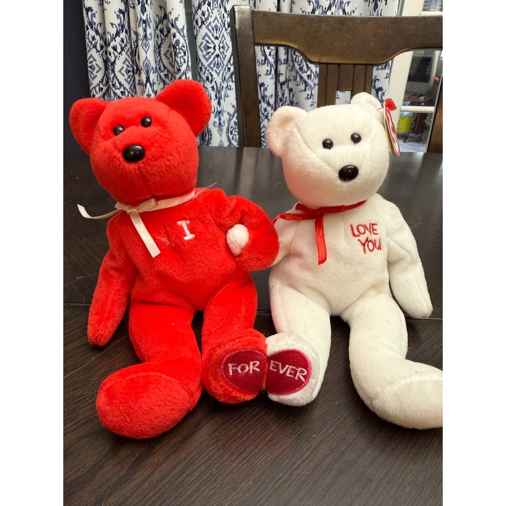 Ty Beanie Babies I Love U Red White Bears Pair Holding‎ Hands 2005 Heart Tags